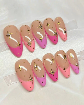 Handmade Pink Ombre Star Gold Celestial French Tip Press on Nails O02