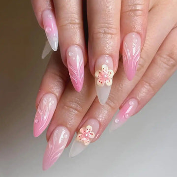 Handmade Pink Ombre Tip and Yellow Blossom Press on Nails V47
