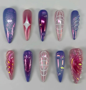 Handmade Pink Purple Chrome Star Glow Abstract Fantasy Press on Nails A08