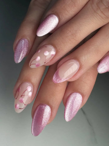 Handmade Pink Glitter Dot Cherry Blossom Spring Press on Nails W24