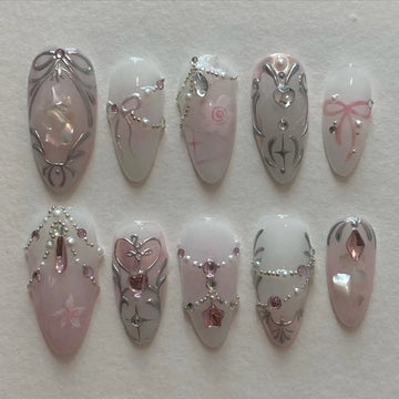 Handmade Pink Silver Rhinestone Elegant Princess Pearl Press on Nails A71