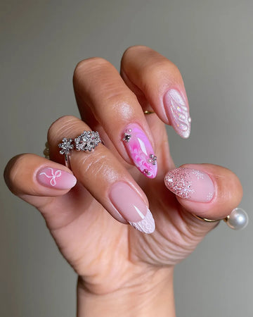 Handmade Pink Snowflake Pearl Winter Christmas French Press on Nails M66