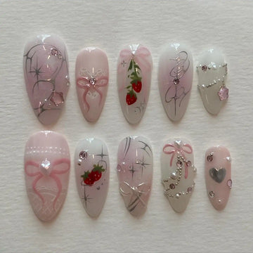 Handmade Pink Strawberry Bow Crystal Pearl Sparkle Press on Nails V96