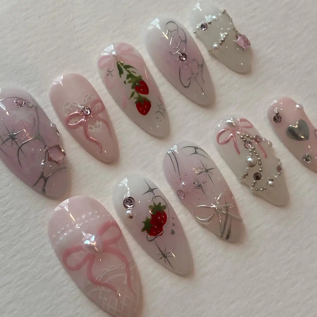 Handmade Pink Strawberry Bow Crystal Pearl Sparkle Press on Nails V96