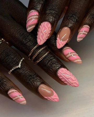 Handmade Pink Sweater Texture and Glitter Stripe Design Press on Nails Q14
