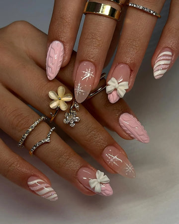 Handmade Pink White Sweater Snowflakes 3D Bow Winter Press on Nails R53