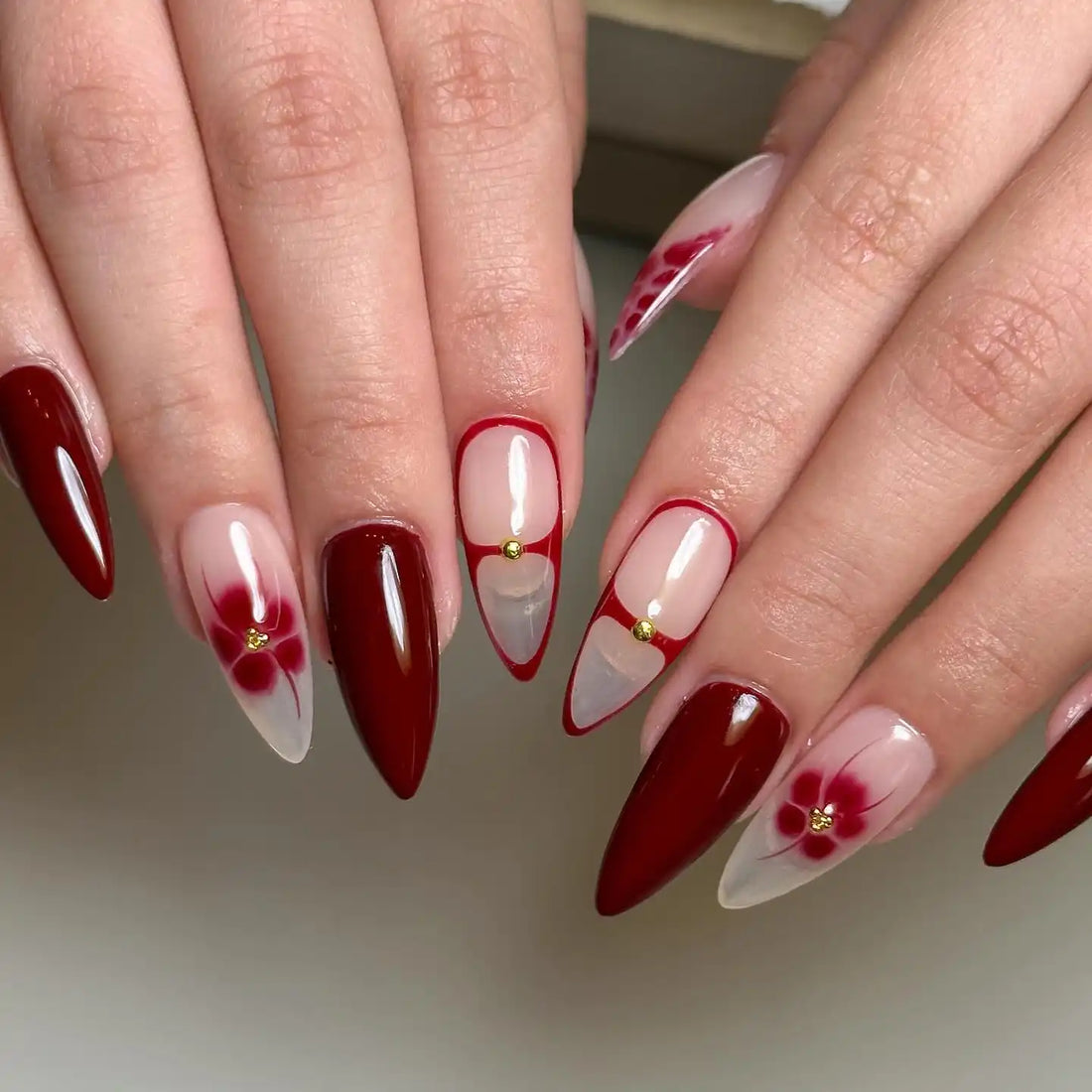 Handmade Red Blossom with Snake Skin Press on Nails M40