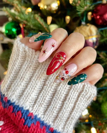 Handmade Red Emerald Bow Star Jewel Holiday Festive Press on Nails B76