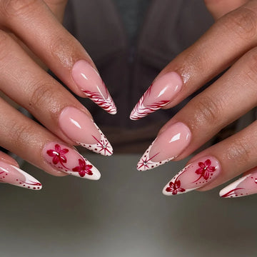 Handmade Red Flower Feather White French Press on Nails T12
