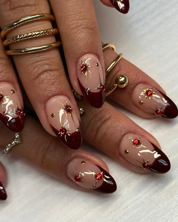 Handmade Red Gem and Gold Star Design with Wine Tips Press on Nails P07