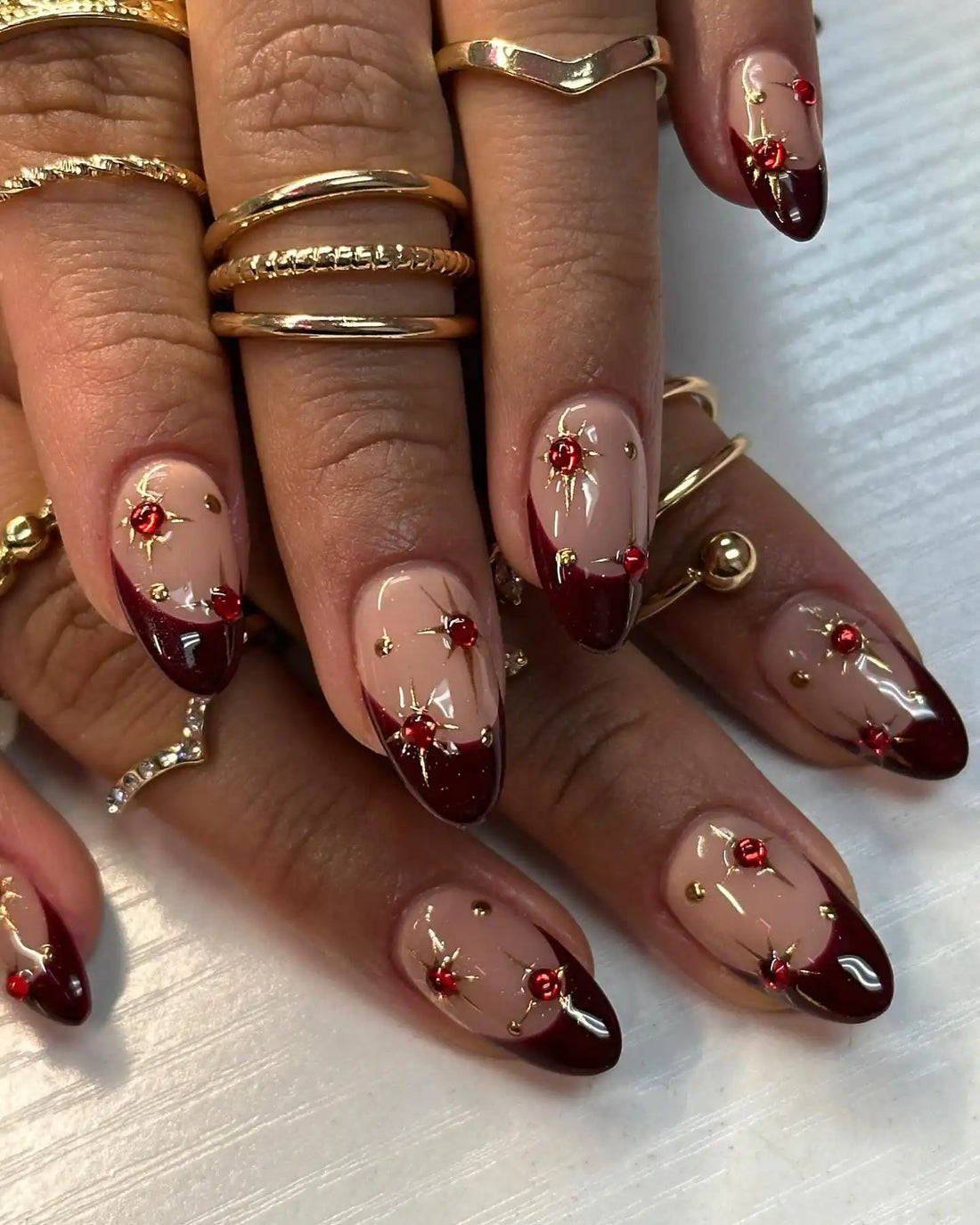 Handmade Red Gem and Gold Star Design with Wine Tips Press on Nails P07
