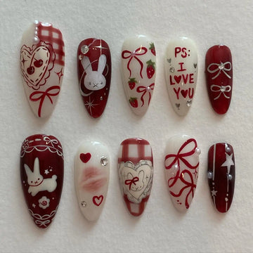 Handmade Red Gingham Bunny Love Letter Strawberry Press on Nails E85