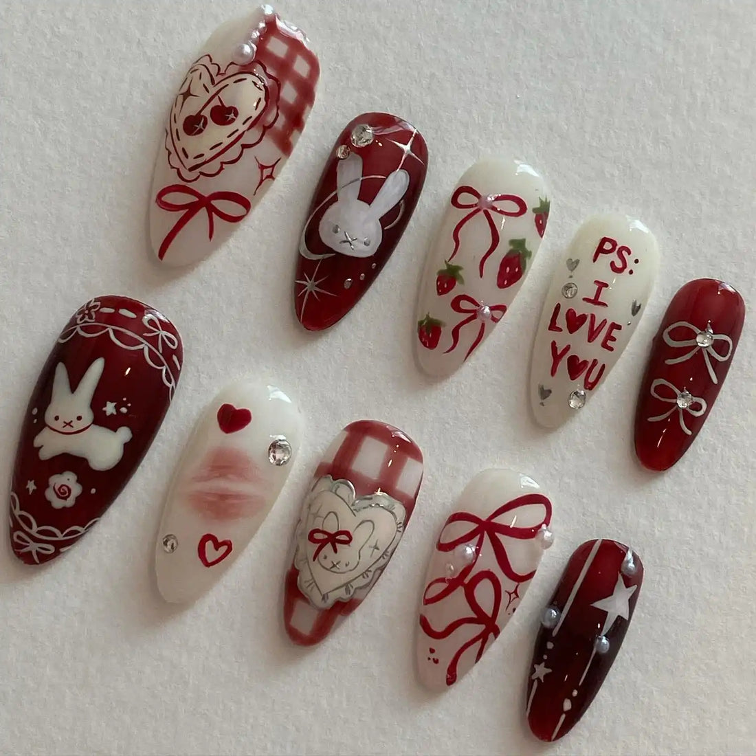 Handmade Red Gingham Bunny Love Letter Strawberry Press on Nails E85