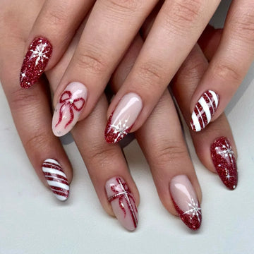 Handmade Red Glitter Bow Stripe Snowflake French Holiday Press on Nails W19