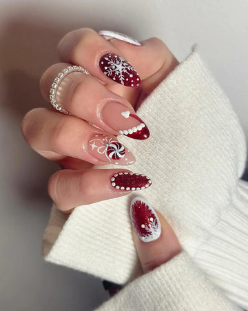 Handmade Red Glitter Candy Cane Snowflake Winter Christmas Press on Nails M79