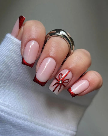 Handmade Red Glitter French Tip Ribbon Christmas Holiday Press on Nails Q00