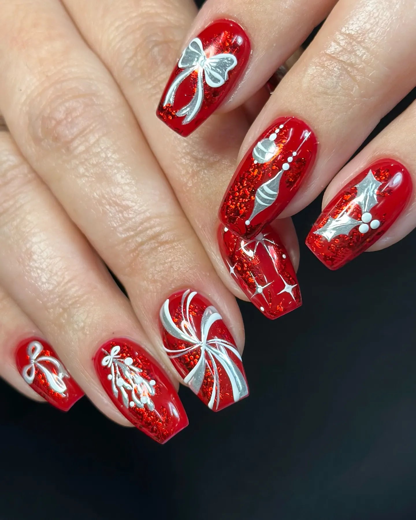 Handmade Red Glitter Silver Ornament Candy Cane Holiday Press on Nails A54, image size:1440x1800