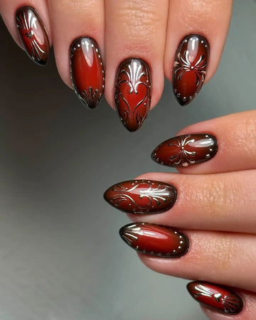 Handmade Red Ombre Gothic Elegant Silver Heart Press on Nails U26