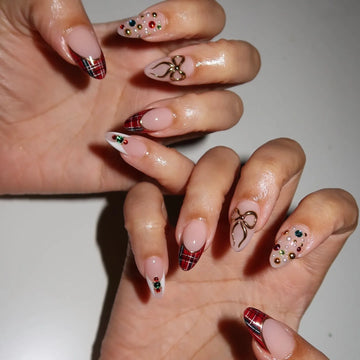 Handmade Red Bow Festive French Press on Nails W54