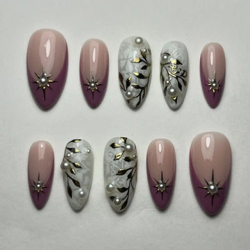 Handmade Gold Leaf Vine Pearl Nude Starburst Press on Nails U90