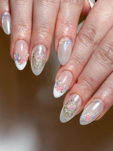 Handmade Romantic Pastel Floral Gold Frame White French Wedding Nails B64
