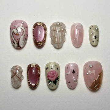 Handmade Romantic Swan Pink Rose Pearl Gem Accent Press on Nails B28