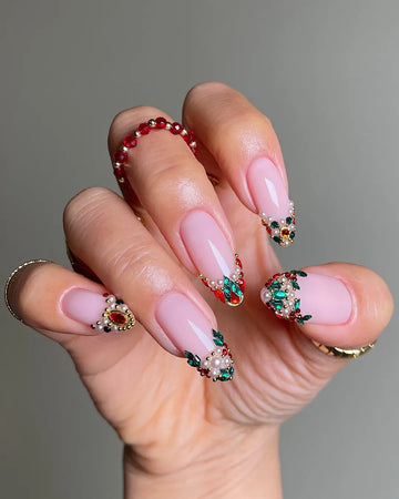 Handmade Ruby Emerald Pearl French Tip Holiday Festive Press on Nails D82