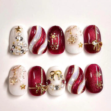 Handmade Ruby Glitter Christmas Tree Gold Bow Snowflake Press on Nails Z41