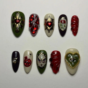 Handmade Sacred Heart Gothic Rose Red Green Charm Press on Nails S21