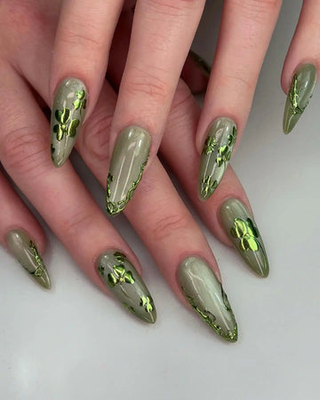 Handmade Sage Green Chrome Clover Leaf Reusable Press on Nails R79