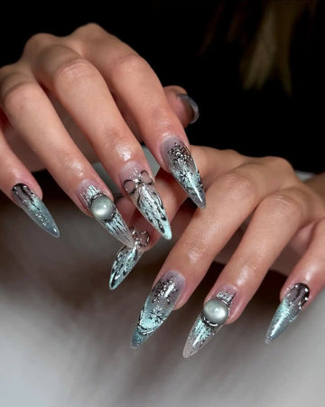 Handmade Silver Bow Pearl Snowflake Ice Queen Winter Press on Nails Y19
