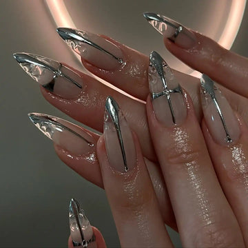 Handmade Silver Chrome Press on Nails H55