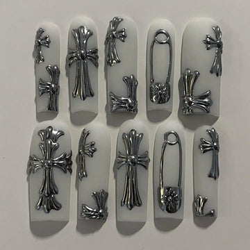 Handmade Silver Cross and Pin Press on Nails Z05