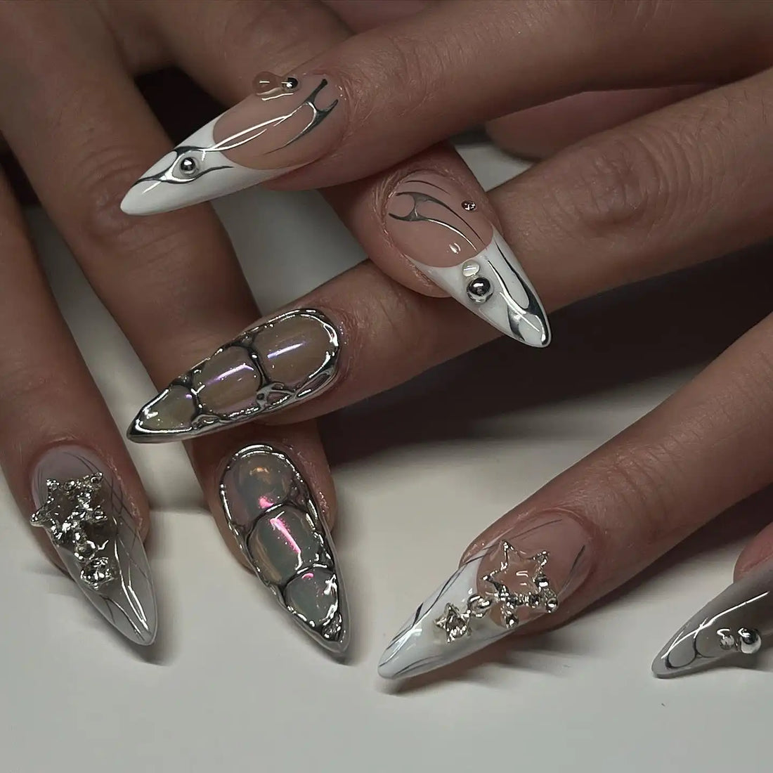 Handmade Silver Lines and Stars White French Press on Nails Z40