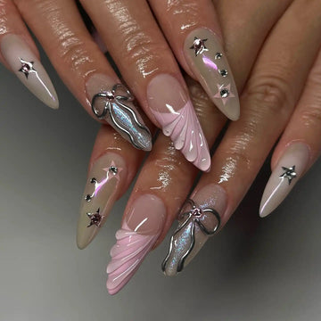 Handmade Silver Ribbon and Pink French Press on Nails G05