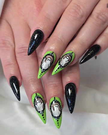Handmade Spooky Ghost Portrait Green Glitter Halloween Press on Nails S97