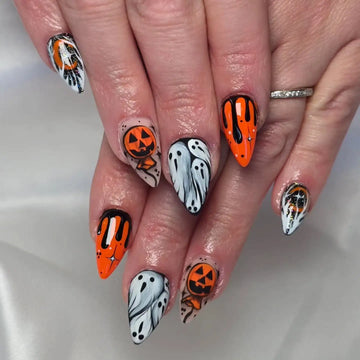 Handmade Spooky Ghost Pumpkin Orange Halloween Press on Nails R97
