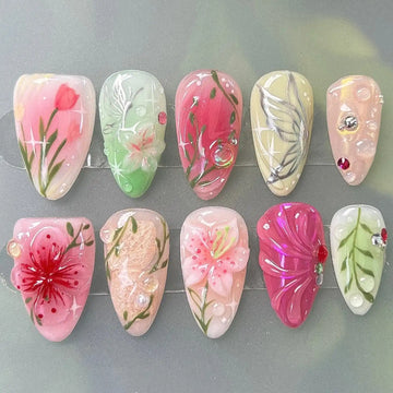 Handmade Spring Garden Floral Bloom Pink Green Nature Art Press on Nails A04