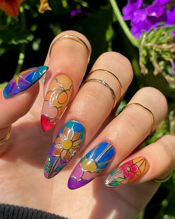 Handmade Stained Glass Floral Rainbow Garden Spring Art Press on Nails A01