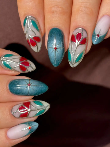 Handmade Stained Glass Floral Teal Red Cat Eye Press on Nails K46