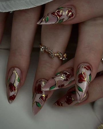 Handmade Stained Glass Rose Gold Floral Luxe Press on Nails F90