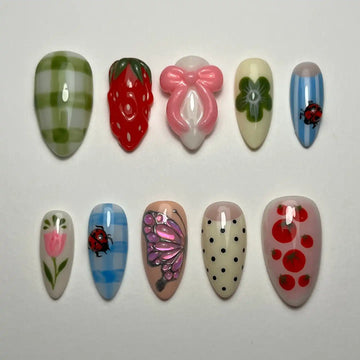 Handmade Strawberry Ladybug Flower Cute Press on Nails U54