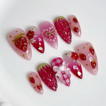 Handmade Strawberry Pink Cute Bow Floral Pearl Press on Nails D70