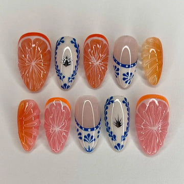 Handmade Summer Fruit Lover Crystal Juicy Orange Fresh Look False Nails
