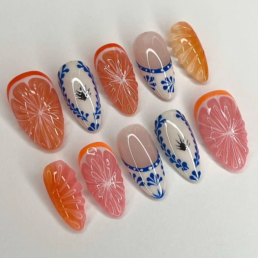 Handmade Summer Fruit Lover Crystal Juicy Orange Fresh Look False Nails Z13