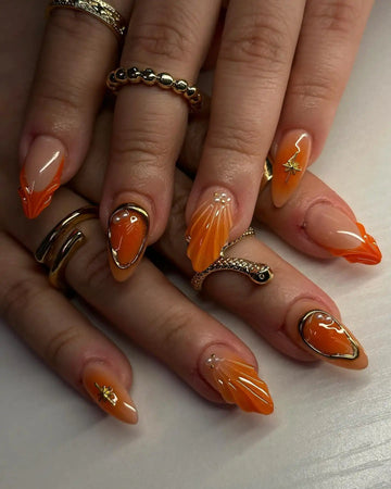 Handmade Summer Orange Shell and Gold Accent Design Press on Nails B66