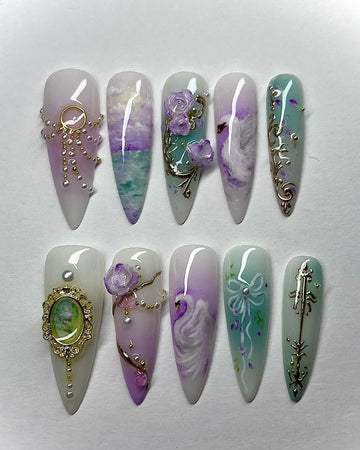 Handmade Swan Lake Purple Aqua Vintage Bridal Press on Nails O48