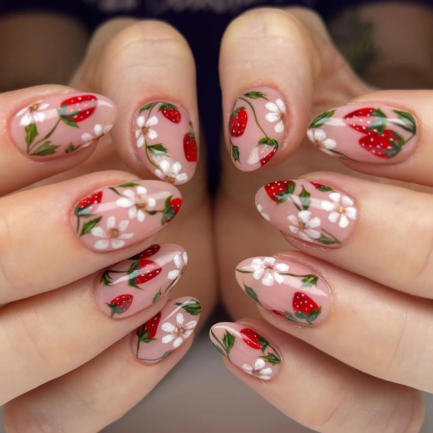 Handmade Sweet Strawberry Picnic Pink Floral Summer Press on Nails
