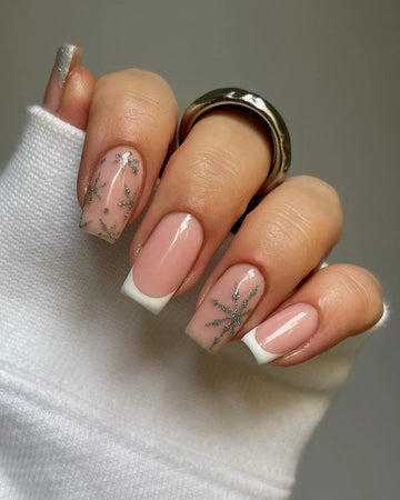 Handmade White French Tip Glitter Snowflake Winter Press on Nails W33