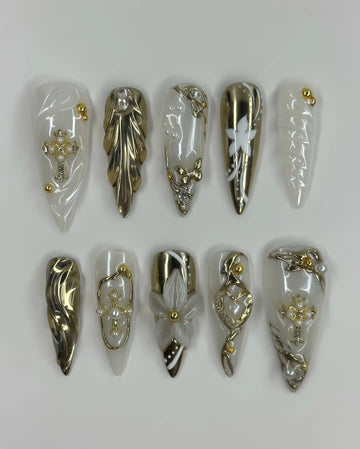Handmade White Gold Charm Pearl Flower Wedding Press on Nails R15